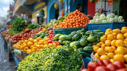 Vibrant Street Market Display of Fresh Produce and Local Goods. - Powered by Adobe