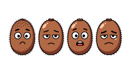 Cartoon kiwi fruit set showing sad, bored, and surprised expressions with hairy skin texture