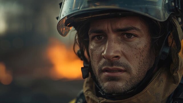 Firefighters' faces are full of determination and courage.