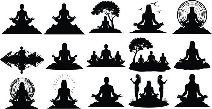 Meditation silhouettes, yoga poses, mindfulness illustration, peaceful nature, spiritual practice, wellness design, tranquil figures, mental health, calm environment, serenity