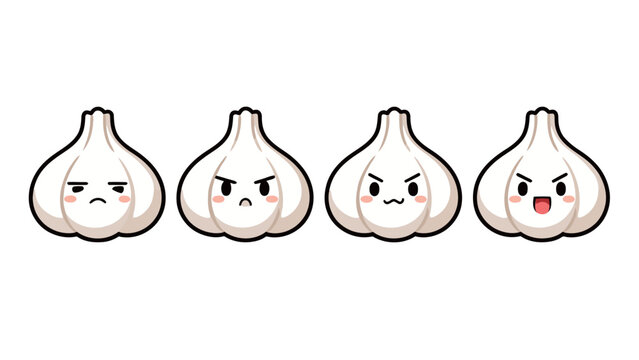 Set of four cartoon garlic clove characters showing grumpy, angry, and happy expressions