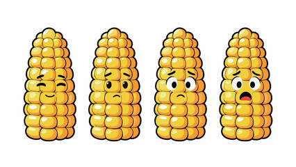 Cartoon corn on the cob set with winking, sad, surprised, and shocked expressions