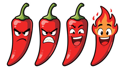 Set of four cartoon red chili peppers with angry, fierce, happy, and burning/flaming expressions