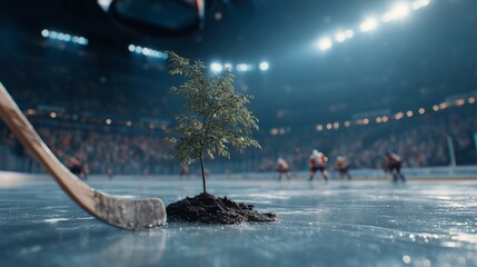 Hockey Game with Growing Tree on Ice and stick