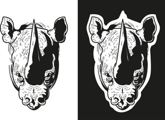 silhouette of the head of a powerful strong wrinkled rhinoceros on a white and black background