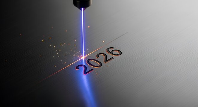 Laser engraving the year 2026 onto a metallic surface with sparks flying.