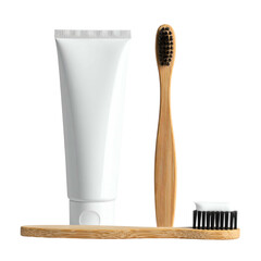White toothpaste tube and wooden toothbrushes with black bristles.