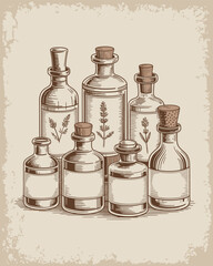 Vintage Apothecary Bottles with Herb Labels and Old-Fashioned Illustration