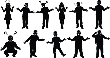 Obraz premium Confusion, question, gesture, silhouette, people, emotion, body language, thinking, shrug, surprise, inquiry, doubt, puzzled, reaction, communication, expression, uncertainty,