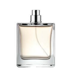 Elegant glass perfume bottle with light amber liquid and silver spray top.