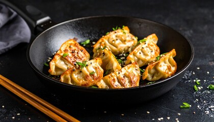 Fried dumplings Gyoza in pan 