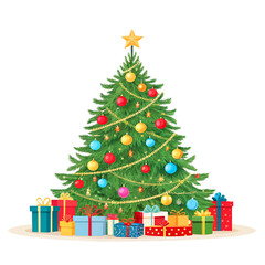 Christmas tree and gifts flat vector design isolated white background