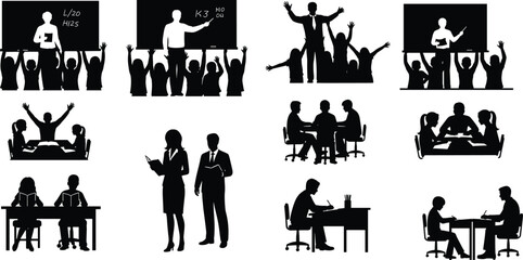 Education, classroom, teacher, students, learning, school, blackboard, teaching, discussion, silhouette, academic, study, children, desk, teamwork, tutoring, lecture, knowledge, group, interaction