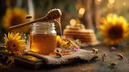 Linden honey in glass jar with wooden honey dipper