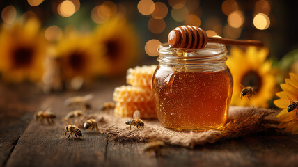 Linden honey in glass jar with wooden honey dipper