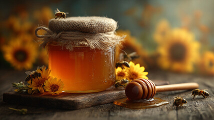 Linden honey in glass jar with wooden honey dipper