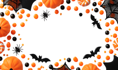 Festive Halloween Frame with Orange Pumpkins, Bats, Spiders, and Candies isolated on a transparent background