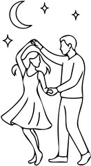 silhouette line of a couple dancing under the moon and stars