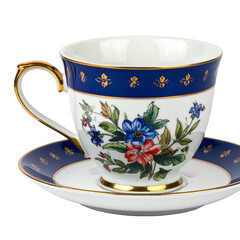 Elegant floral teacup and saucer with gold trim and blue accents.