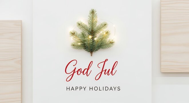 Festive Christmas Pine Branch with Fairy Lights and God Jul Text on a White Wooden Background - Holiday Season Greeting Card Concept