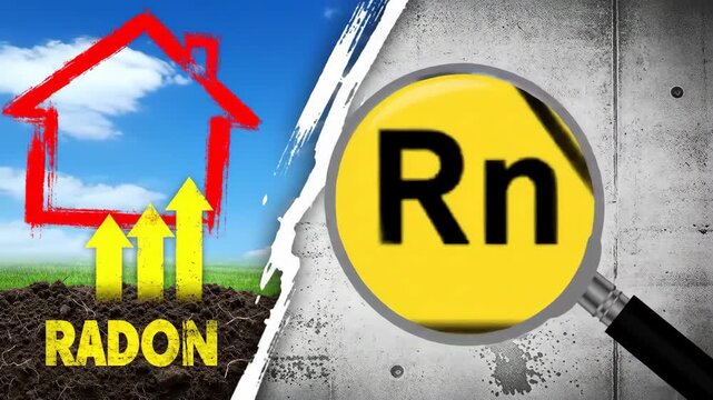 Radon Hazard Graphic with House Arrows and Magnifying Glass on Grungy Background