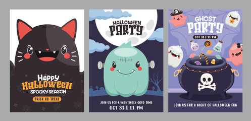 Halloween party clipart poster set. Happy Halloween ghost party invitation card template with cute cat, monster and cauldron elements for spooky season collection vector illustration.
