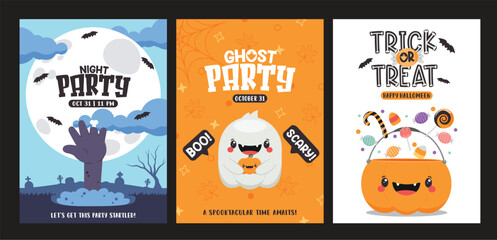 Naklejka na ściany i meble Halloween party clipart poster set. Happy Halloween night and ghost party invitation card template clip art with cute and scary hand, monster and pumpkin basket for spooky season collection poster 