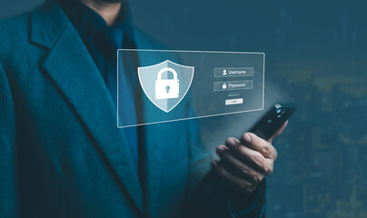 Businessman using smartphone with digital login interface, username and password fields, security lock icon, representing cybersecurity, data protection, online privacy, and secure access technology.