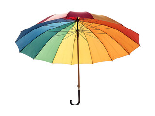 Bright Rainbow Umbrella Isolated on Black Background Open Weather Protection Accessory Colorful Fabric Design Umbrella with Wooden Handle Photography