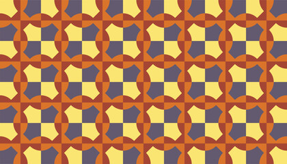 Seamless geometric pattern with curved orange and purple shapes over a yellow background, creating a retro abstract vibe
