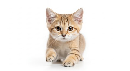 Fototapeta premium Adorable Brown Tabby Kitten Playfully Pouncing Towards the Camera on a White Background - Cute Pet Portrait for Commercial Use