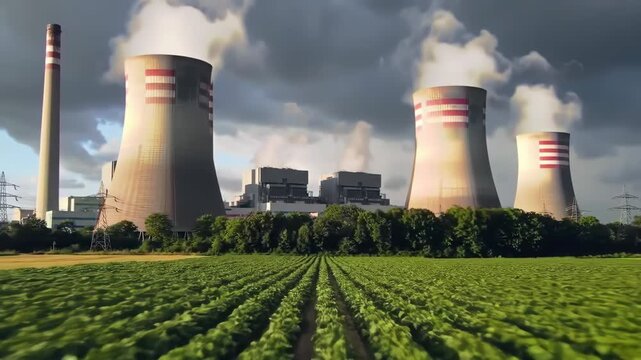Scenic View of a Power Plant Behind a Green Field under a Cloudy Sky