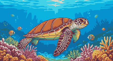 Obraz premium A pixel art illustration of a majestic sea turtle swimming gracefully over a vibrant coral reef surrounded by small fish.