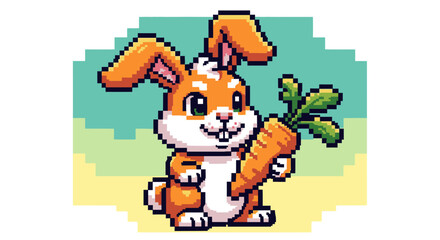 A cute orange and white pixel art rabbit with big ears holding a fresh carrot.