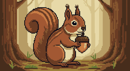 A pixel art illustration of a cute brown squirrel holding an acorn in a forest setting. © rosyadvect