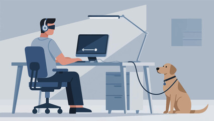 Illustration Of Blind Software Developer Using A Screen Reader At A Clean, Headphones And A Guide Dog Rests Calmly Beside The Chair Vector Design Template