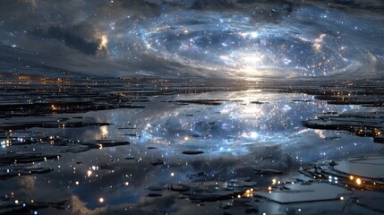 Stunning cosmic reflection over the surreal landscape of an unknown planet's surface