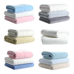 Stacks of plush blankets in various pastel colors are neatly folded.