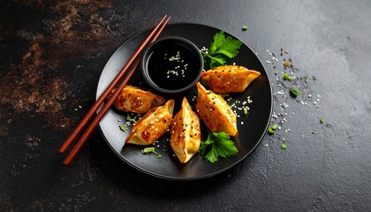 Fried gyoza fritters with soy sauce and chopsticks. 
