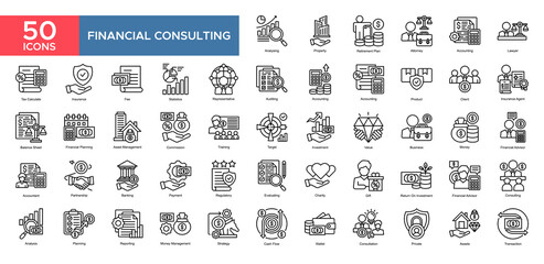 Financial Consulting collection set. Analysing, Accounting, Statistics, InvestmentBusiness, Financial Planning , Money, Accounting, icon. Simple outline vector illustration