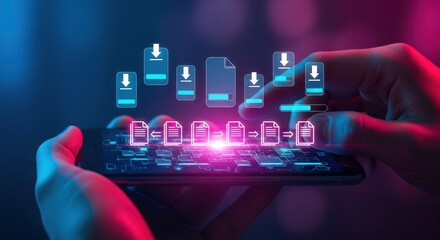 Hands using smartphone showing floating download progress bars, document transfer icons, blue futuristic data transfer concept, deep neon blue and magenta lighting