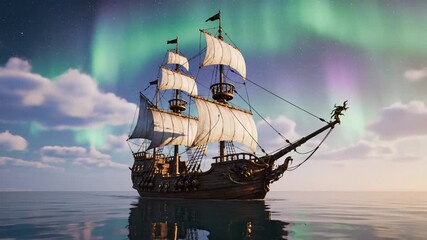 A Majestic Wooden Galleon Sailing on a Calm Ocean Under a Magical Aurora Borealis Sky - Powered by Adobe