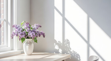 Fototapeta premium Fresh Lilacs in Vase on Table with Sunlight Shadows