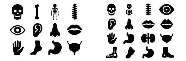 Collection of simple black icons representing human anatomy and body parts arranged in a grid format