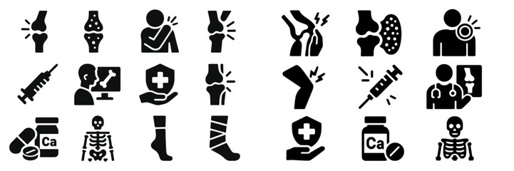 Symbols representing joint pain and medical treatments in a healthcare setting focusing on knee injuries and care