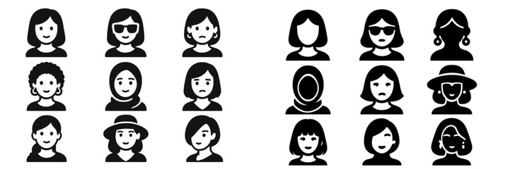 Variety of female faces representing different emotions and styles in a simple black and white design