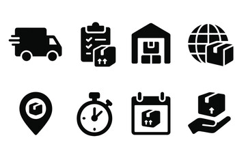 Delivery and logistics icons representing shipping, tracking, and receiving packages efficiently