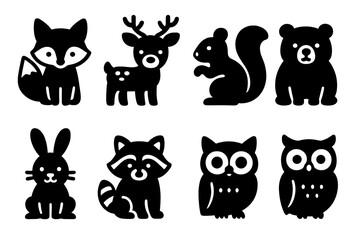 Various animal silhouettes including fox, deer, squirrel, bear, rabbit, raccoon, and owls designed for a playful wildlife theme