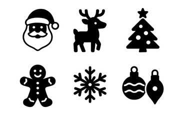 Black and white Christmas icons including Santa, reindeer, tree, and ornaments for festive design