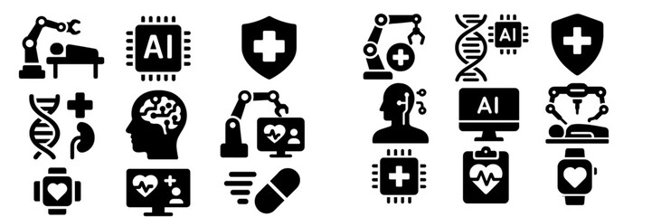 Medical technology symbols representing artificial intelligence and robotic assistance in healthcare settings